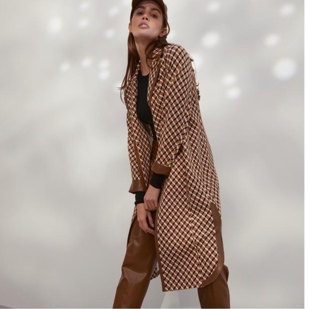 Marc Cain Graphic‎ Print Faux Leather Trim Belted Longline Coat